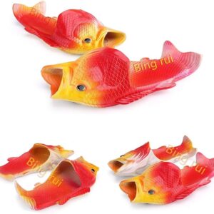 BING RUI CO Fish Slippers Beach Shoes Non-Slip Sandals Creative Bass Slippers Men and Women(Yellow + red, 8.5-9.5 Wide Women/7-8