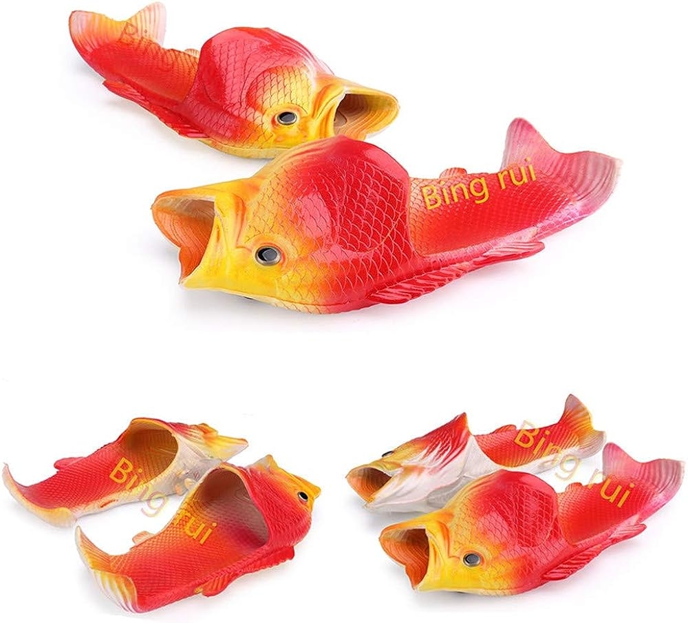 BING RUI CO Fish Slippers Beach Shoes Non-Slip Sandals Creative Bass Slippers Men and Women(Yellow + red, 8.5-9.5 Wide Women/7-8