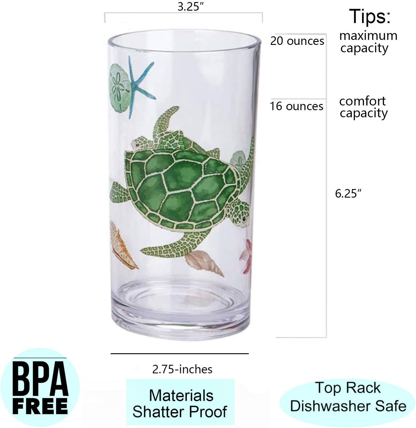 KX-WARE Sea Ocean Life 20-ounce Plastic Tumbler Drinking Glasses Mixed Drinkware Sets, set of 4