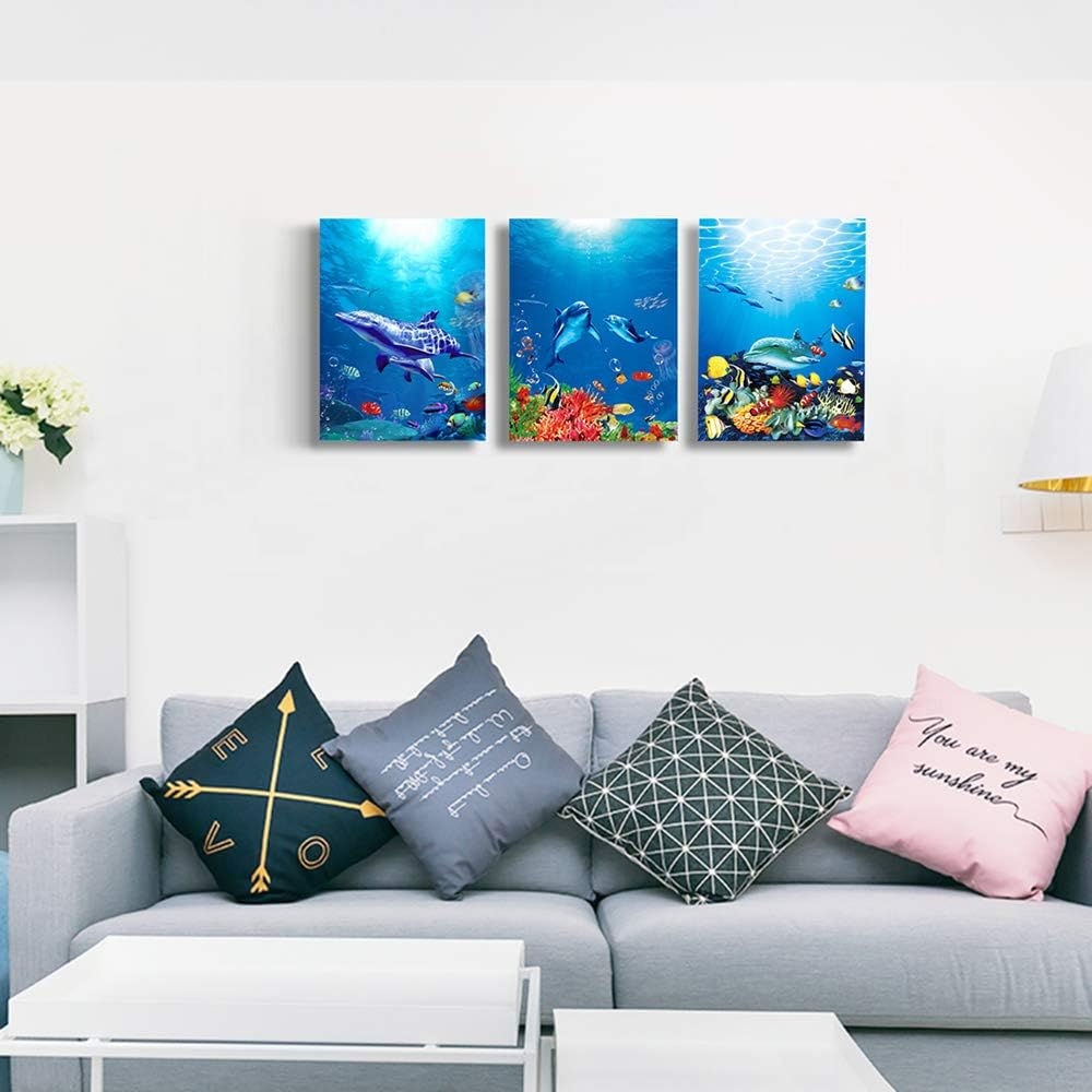 blue ocean fish 3 Pieces Framed Wall Art for Living Room Bathroom Wall Decoration Canvas Print Children's Bedroom Wall decor - Image 41