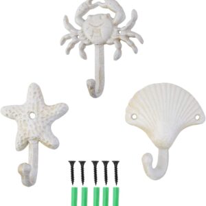 ZILucky Set of 3 Starfish Seashell Crab Cast Iron Decorative Wall Hooks Coats Aprons Hats Towels Hooks Beach Ocean Theme Chic