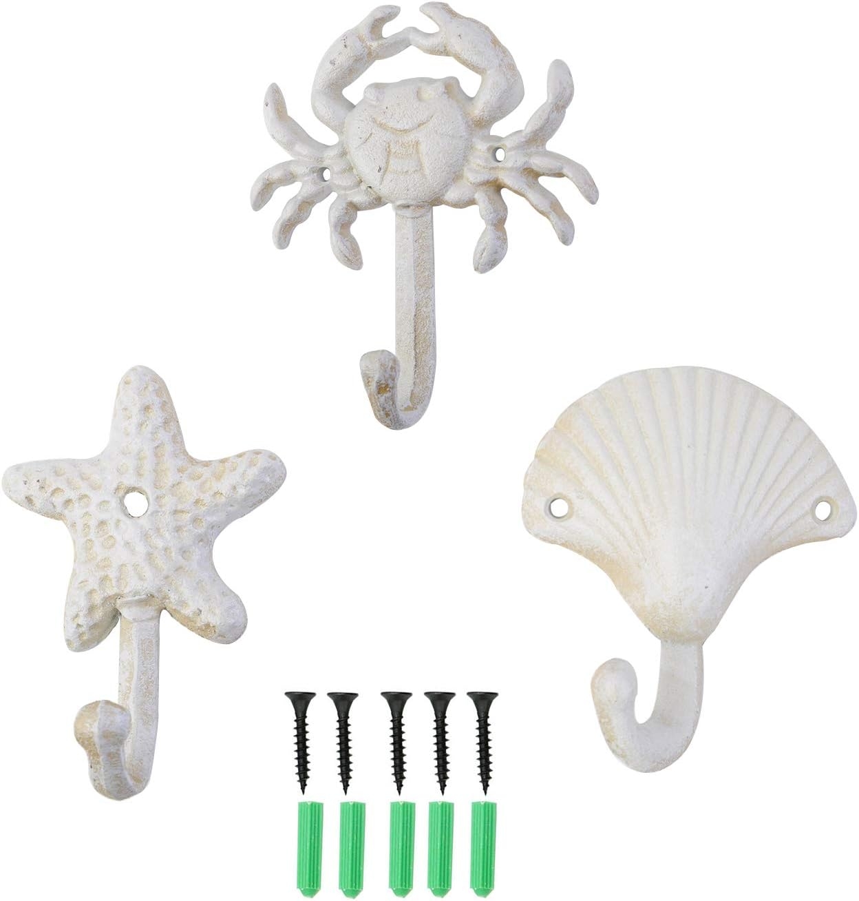 ZILucky Set of 3 Starfish Seashell Crab Cast Iron Decorative Wall Hooks Coats Aprons Hats Towels Hooks Beach Ocean Theme Chic
