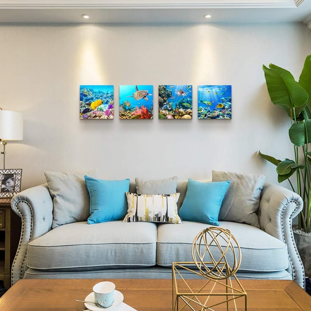 Canvas Wall Art for Living Room- family Bedroom Canvas Pictures Artwork Bathroom Wall Decor- 4 Panels Coral and Sea Fish and - Image 23