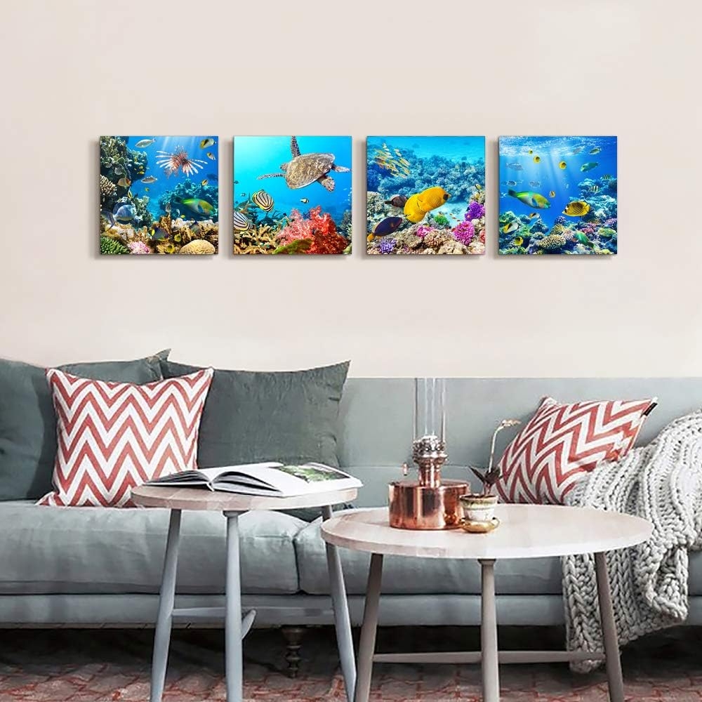 Canvas Wall Art for Living Room- family Bedroom Canvas Pictures Artwork Bathroom Wall Decor- 4 Panels Coral and Sea Fish and - Image 25