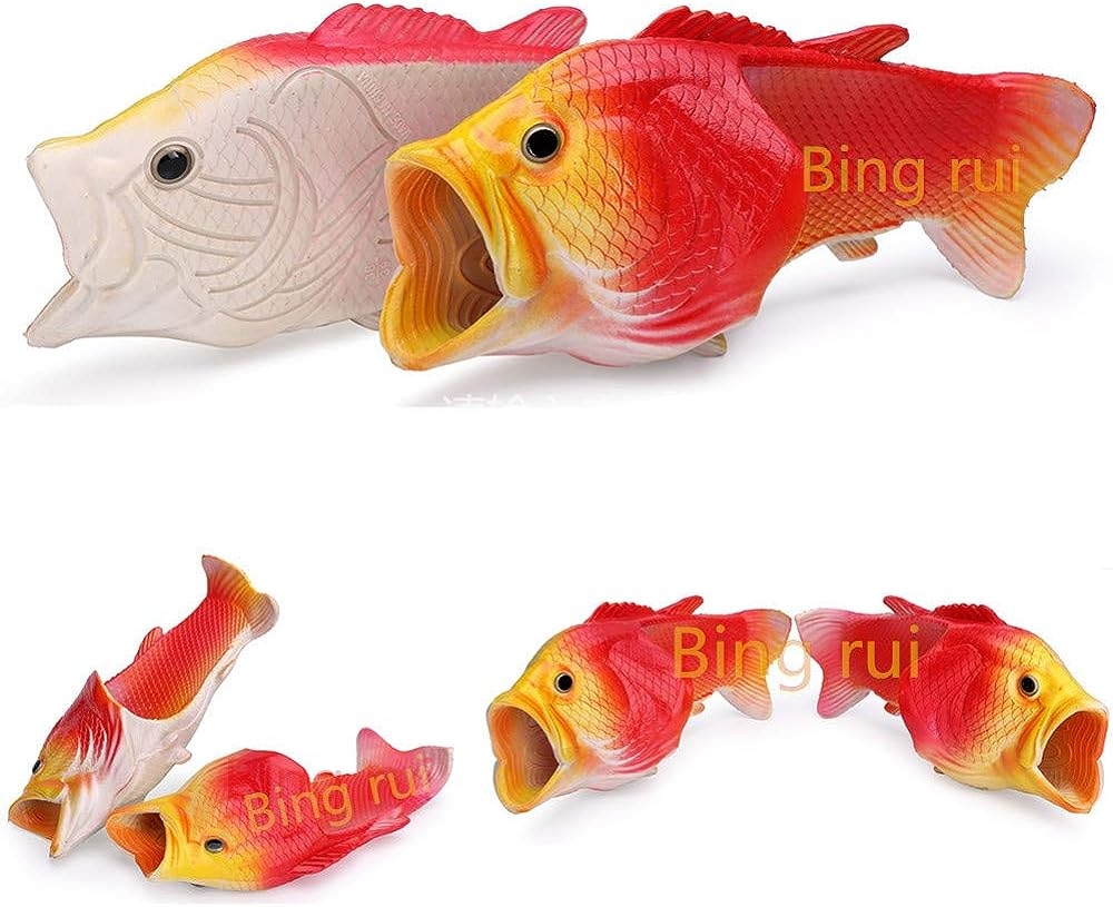 BING RUI CO Fish Slippers Beach Shoes Non-Slip Sandals Creative Bass Slippers Men and Women(Yellow + red, 8.5-9.5 Wide Women/7-8 - Image 3