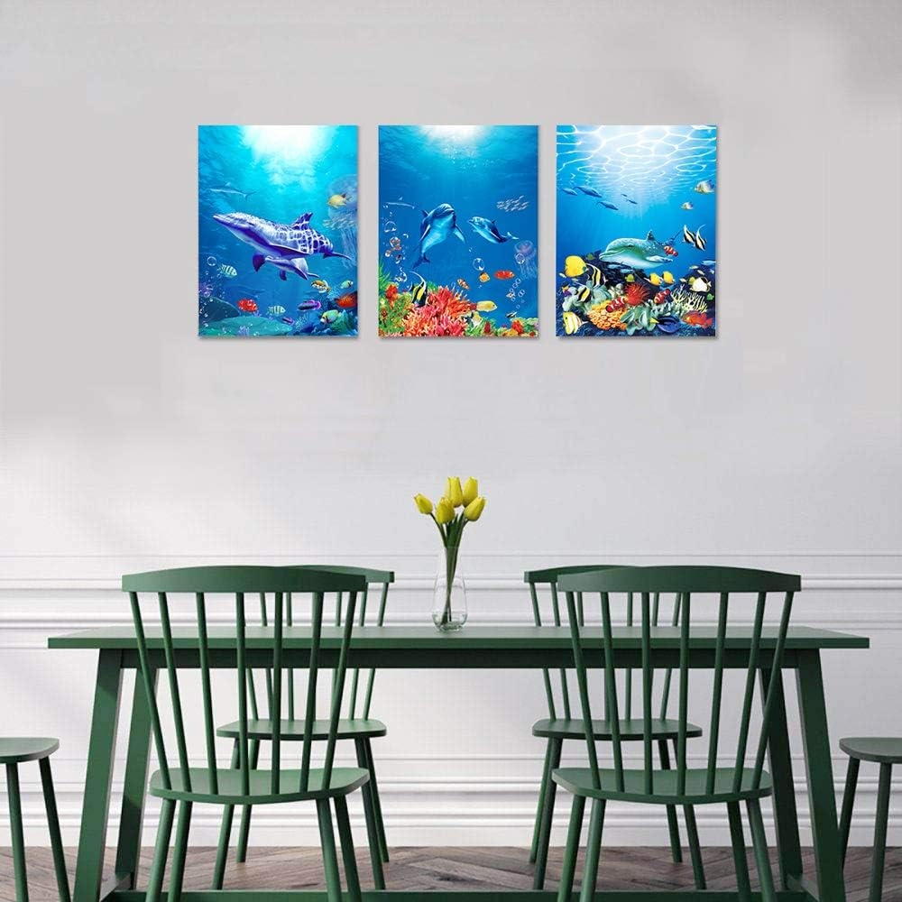 blue ocean fish 3 Pieces Framed Wall Art for Living Room Bathroom Wall Decoration Canvas Print Children's Bedroom Wall decor - Image 45