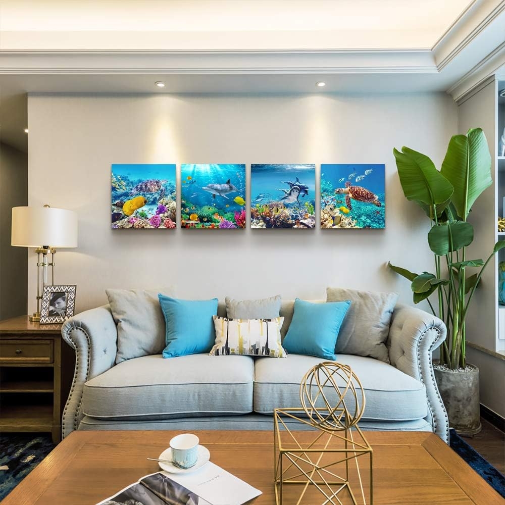 Canvas Wall Art for Living Room- family Bedroom Canvas Pictures Artwork Bathroom Wall Decor- 4 Panels Coral and Sea Fish and - Image 47
