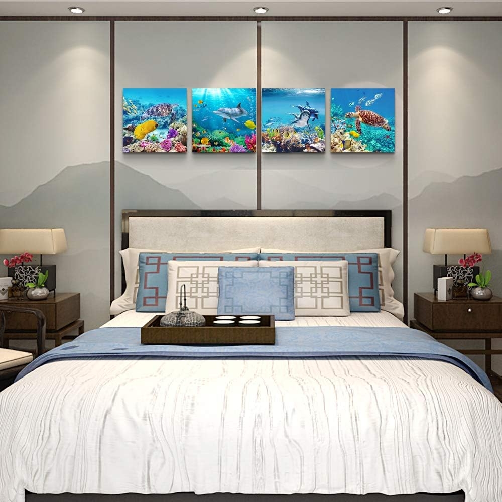 Canvas Wall Art for Living Room- family Bedroom Canvas Pictures Artwork Bathroom Wall Decor- 4 Panels Coral and Sea Fish and - Image 45