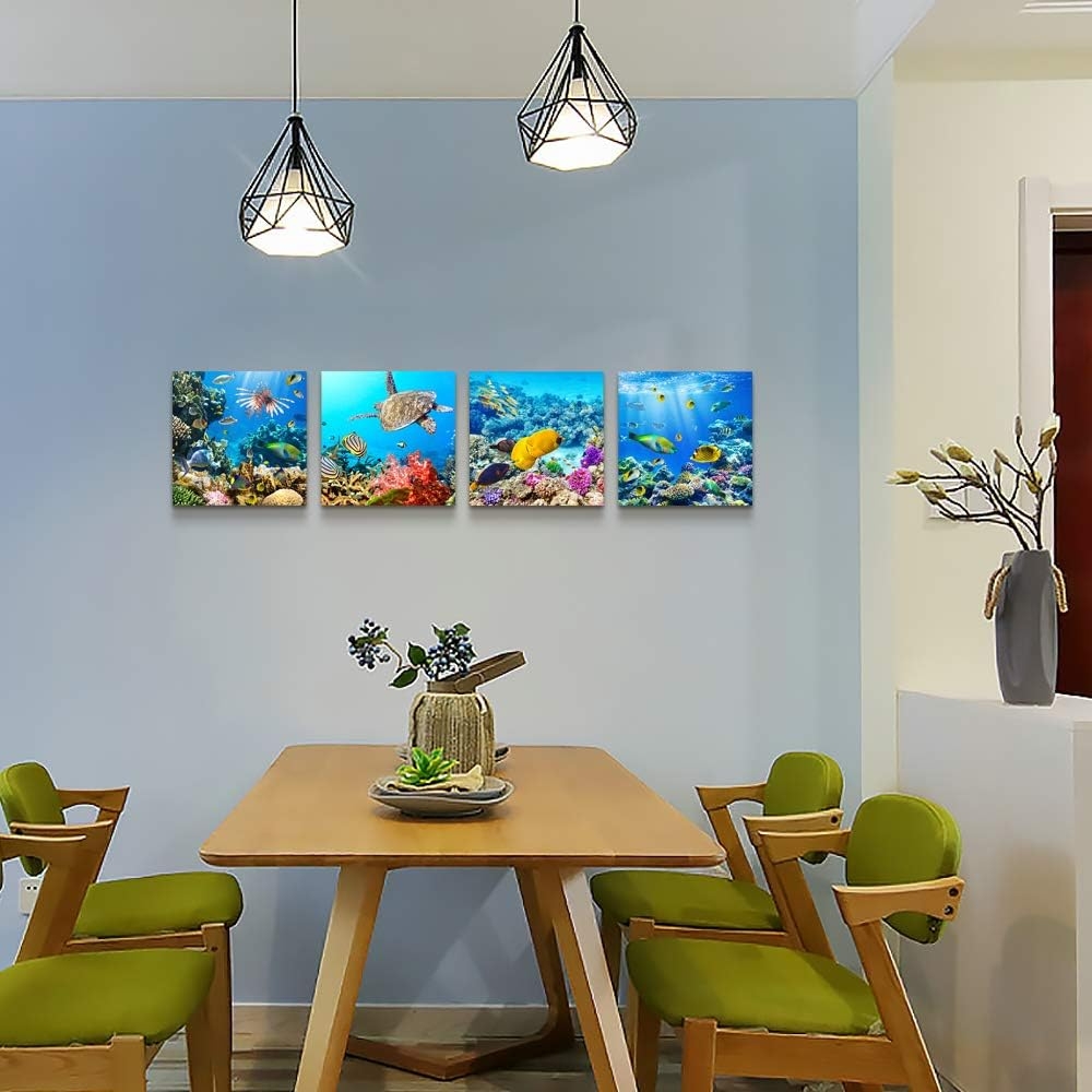 Canvas Wall Art for Living Room- family Bedroom Canvas Pictures Artwork Bathroom Wall Decor- 4 Panels Coral and Sea Fish and - Image 27