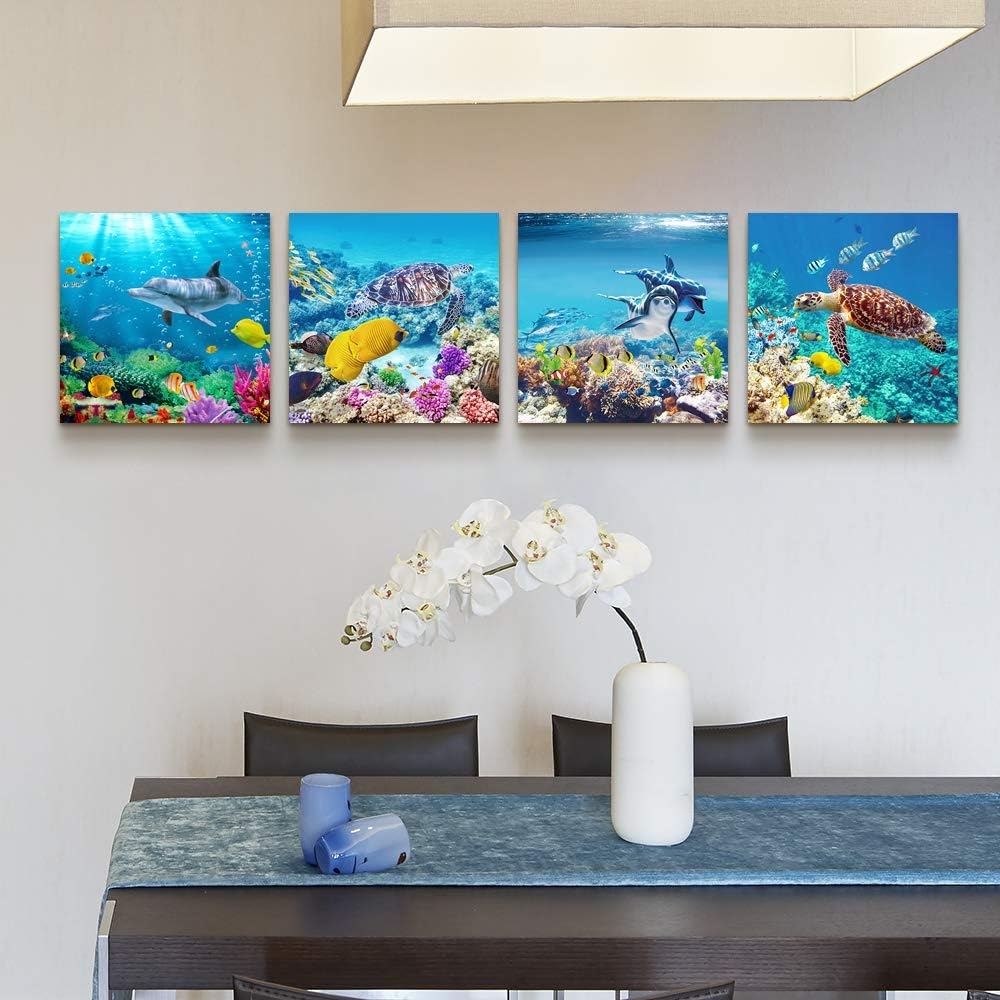 Canvas Wall Art for Living Room- family Bedroom Canvas Pictures Artwork Bathroom Wall Decor- 4 Panels Coral and Sea Fish and - Image 46