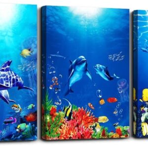 blue ocean fish 3 Pieces Framed Wall Art for Living Room Bathroom Wall Decoration Canvas Print Children's Bedroom Wall decor