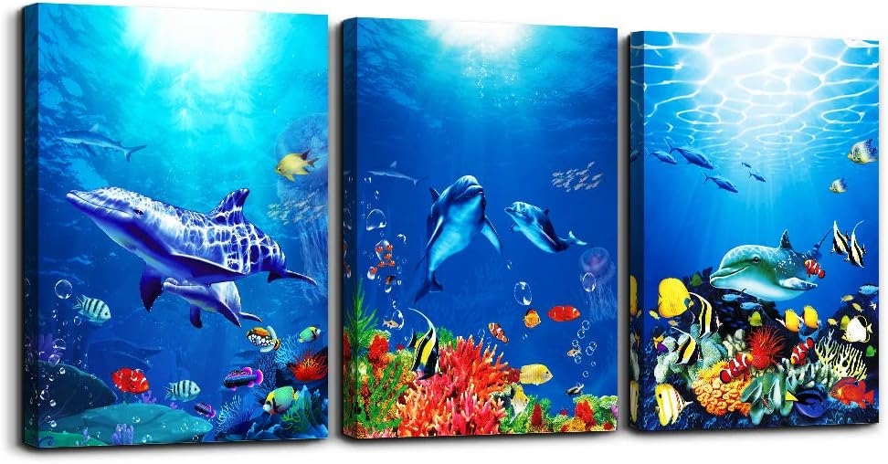 blue ocean fish 3 Pieces Framed Wall Art for Living Room Bathroom Wall Decoration Canvas Print Children's Bedroom Wall decor