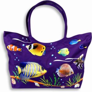 Waterproof Jumbo Purple Canvas Beach Bag Tropical Fish Design Zipper Closure 24 x 15 x 6"