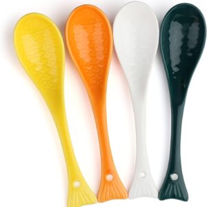 Ceramic Soup Spoons Set of 4, 6.75 inch Asian Soup Spoons, Janpanese Soup Spoons for Cereal Ramen Pho Wonton Dumpling Miso,