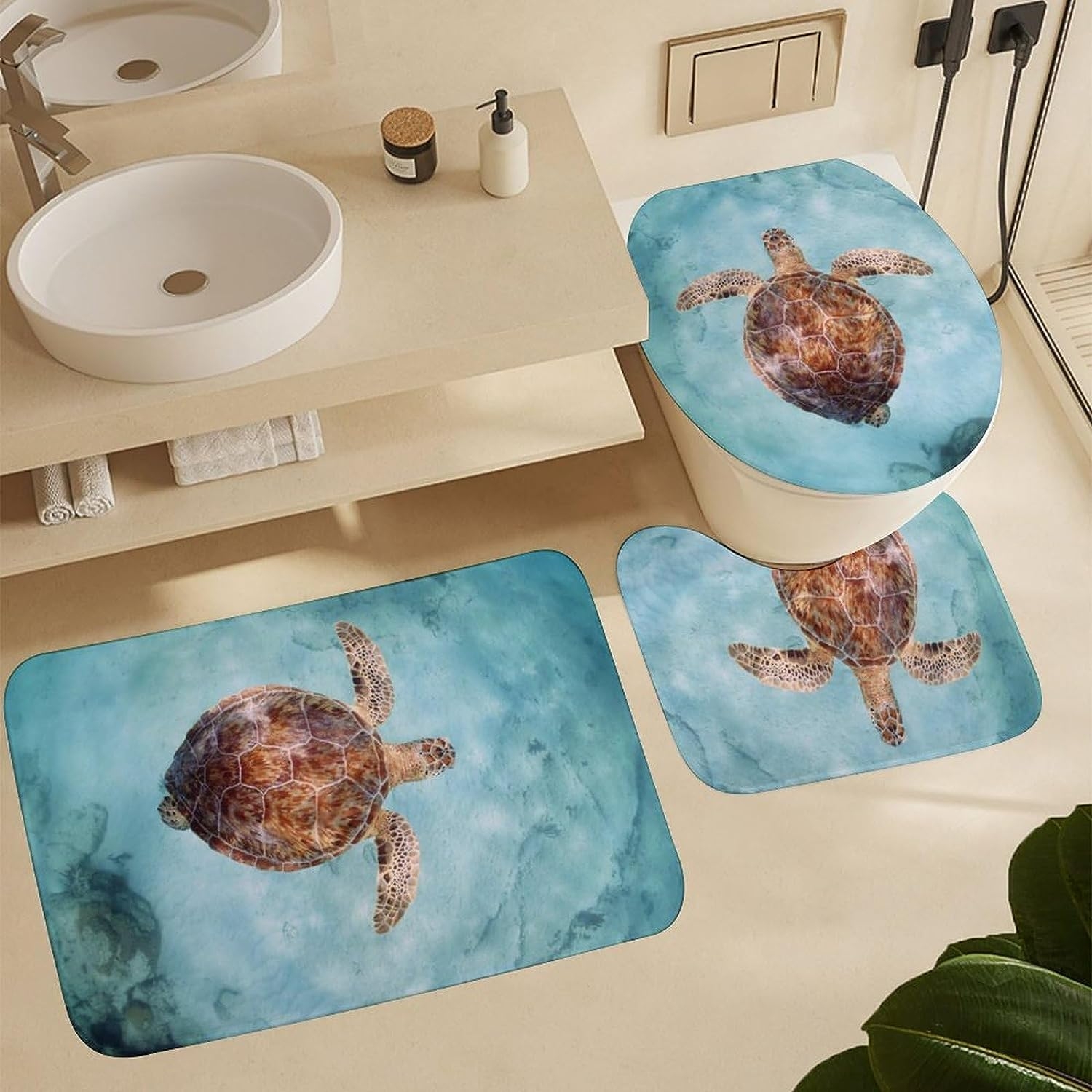 JAIDEN BEATA Coral Reef Jellyfish Dophin Ocean Shower Curtain Set with Coral Velvet Bathroom Rugs Toilet Lid Cover U Shaped - Image 72