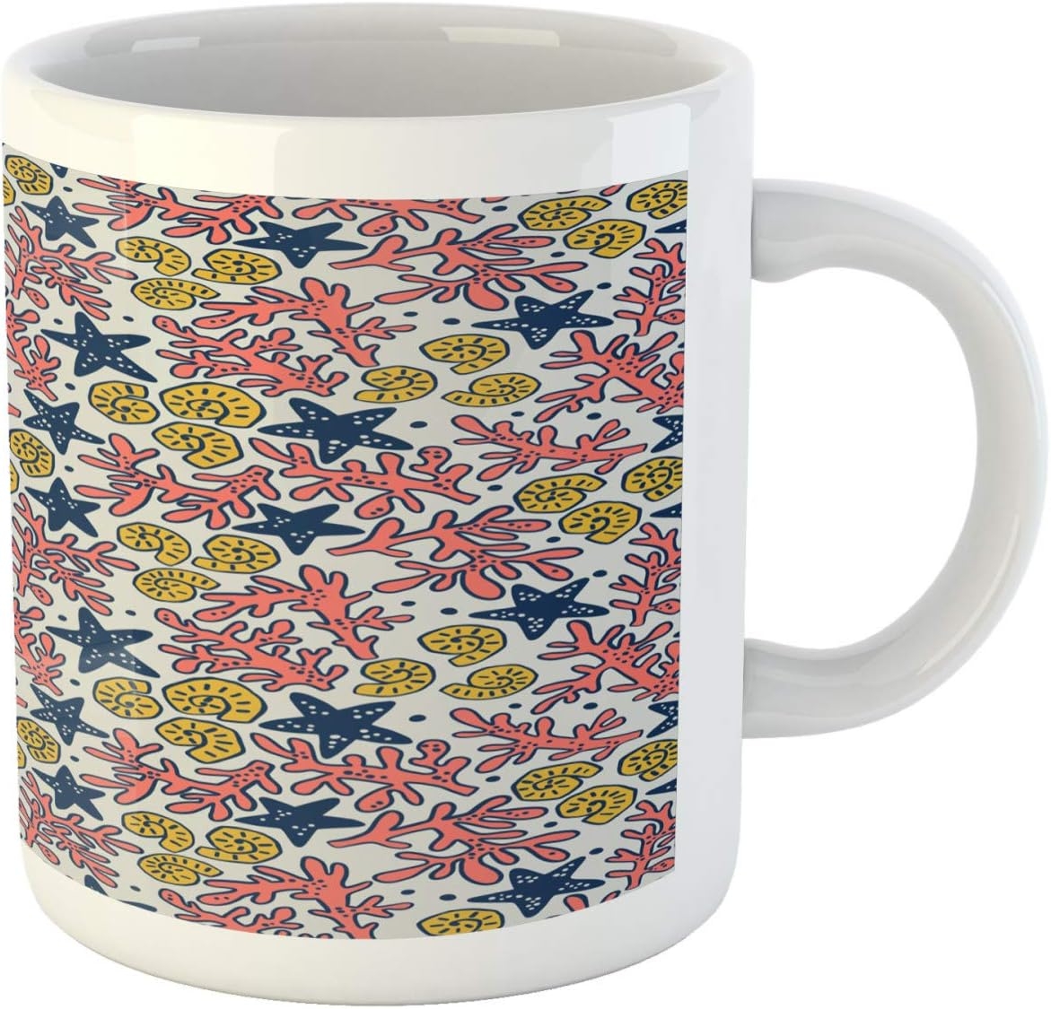 Ganiokar Underwater Mug, Coral Reef Shells Doodle Marine Cockleshell Starfish on Pale Grey, Ceramic Coffee Mug Cup for Water Tea