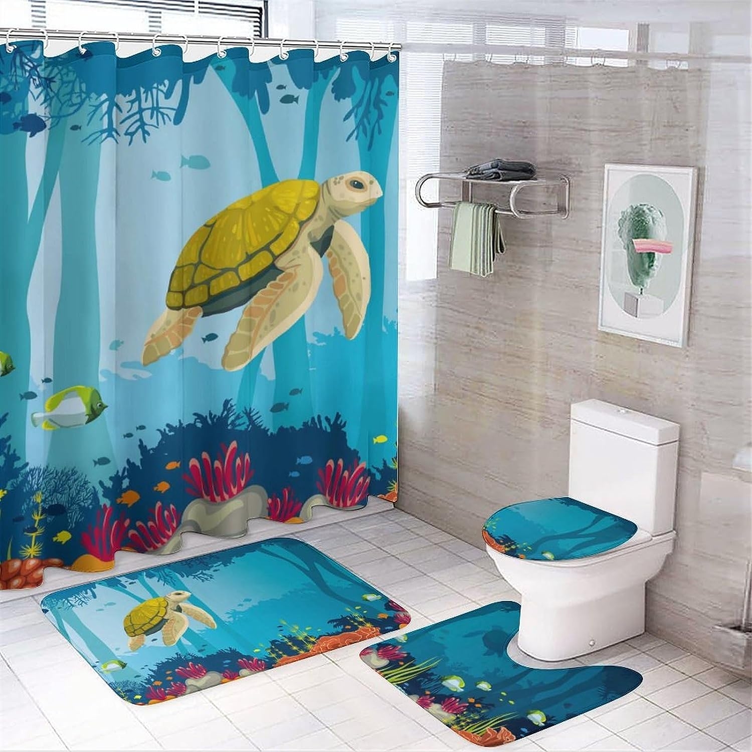 JAIDEN BEATA Coral Reef Jellyfish Dophin Ocean Shower Curtain Set with Coral Velvet Bathroom Rugs Toilet Lid Cover U Shaped - Image 39