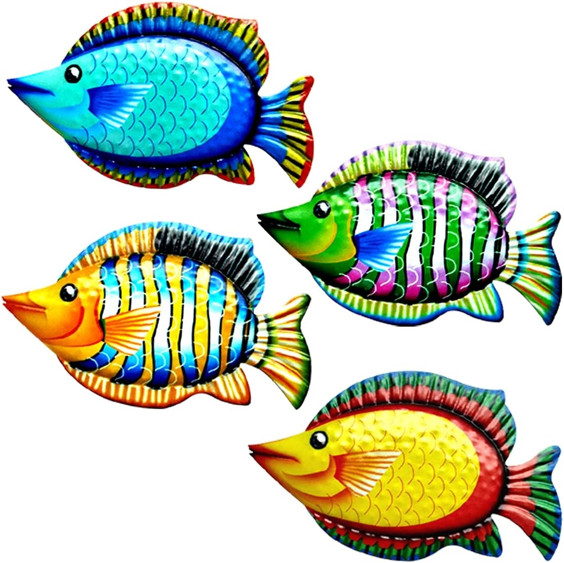 HHgrowe 11.8 Inches Hand-Painted Metal Fish Art Wall Decor Coastal Ocean Sea Hanging Decorations Garden Pool Decor Set of 4