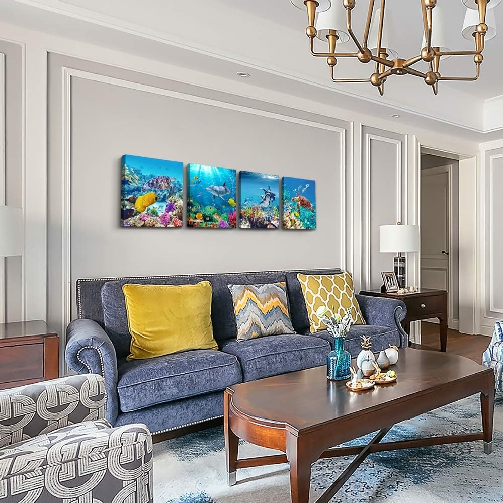 Canvas Wall Art for Living Room- family Bedroom Canvas Pictures Artwork Bathroom Wall Decor- 4 Panels Coral and Sea Fish and - Image 44