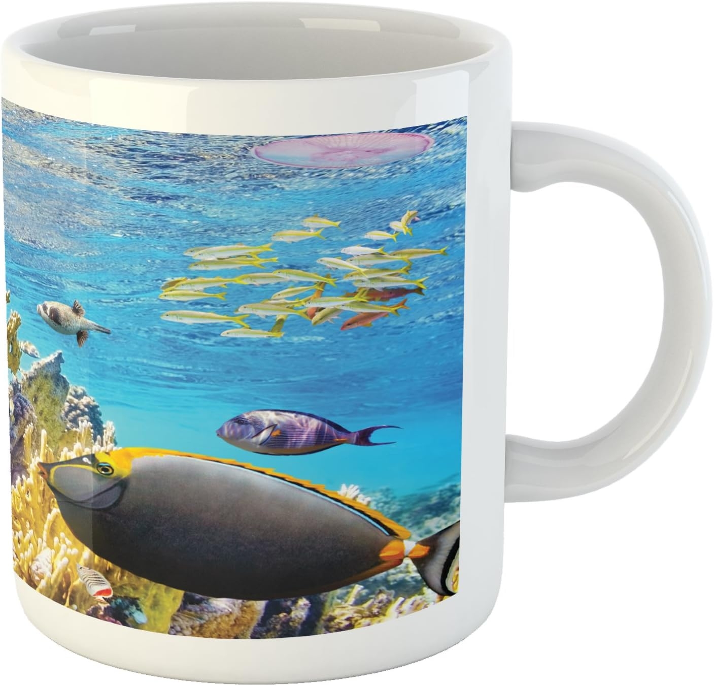 Ganiokar Ocean Mug, Tropical Exotic Coral Reefs Fish Jellyfish Underwater Wild Marine Life Theme, Ceramic Coffee Mug Cup for