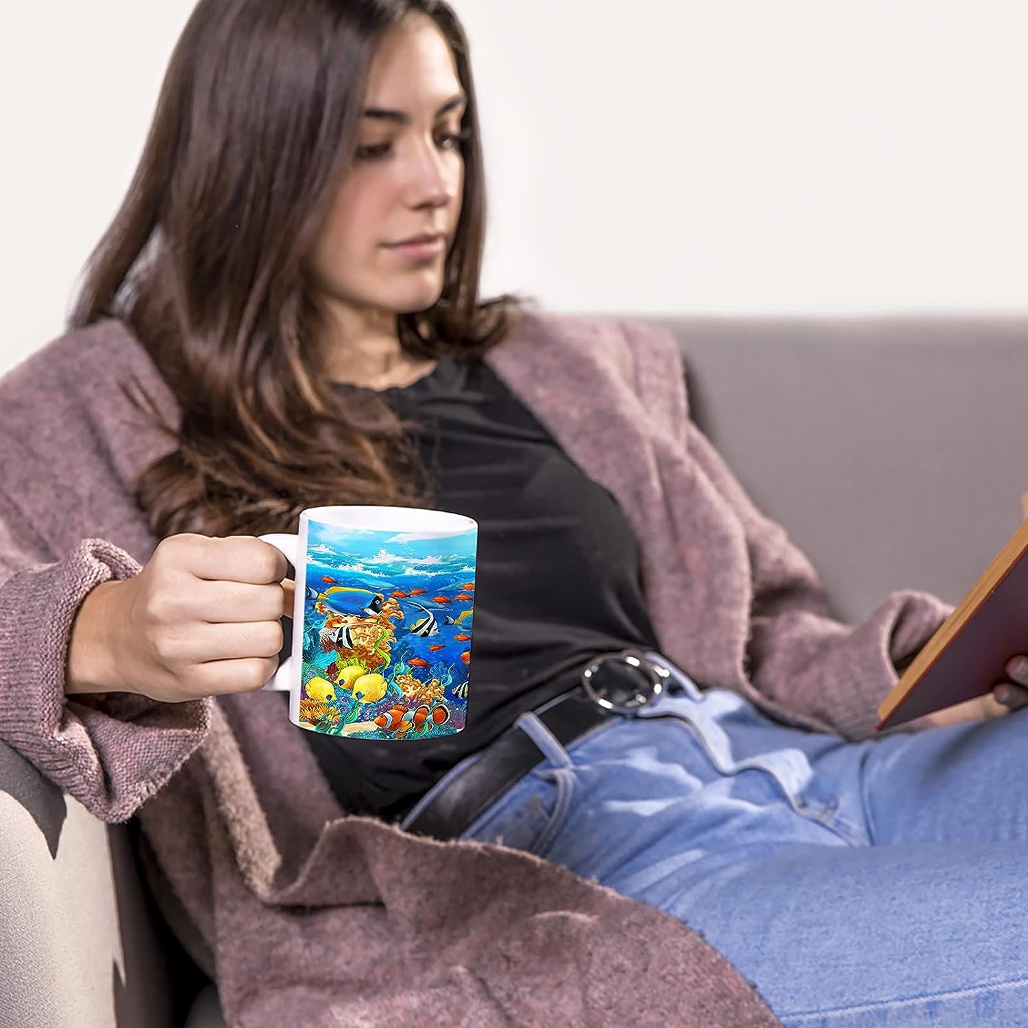 Coffee Mug, Colorful Cartoon Sea World Hot Chocolate Cocoa Ceramic Mugs Tea Cup for Office/Home, Coral Reef Fish Shark - Image 3