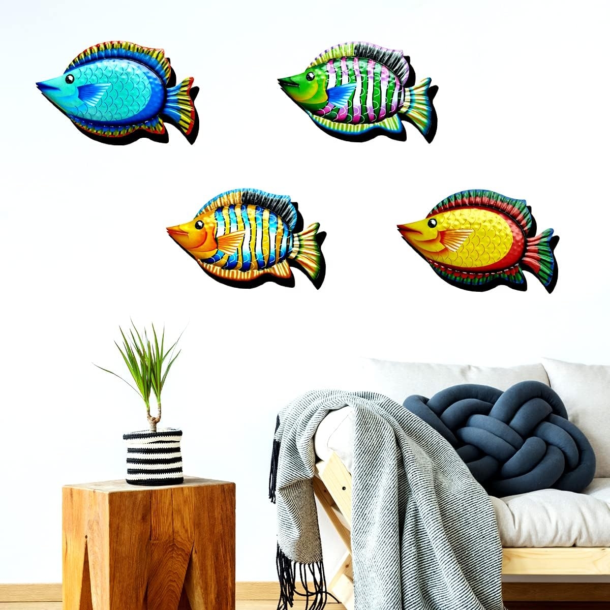 HHgrowe 11.8 Inches Hand-Painted Metal Fish Art Wall Decor Coastal Ocean Sea Hanging Decorations Garden Pool Decor Set of 4 - Image 6