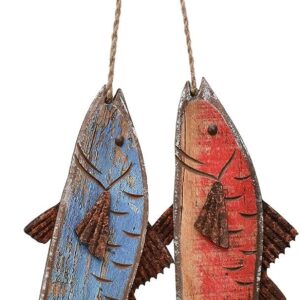 E-view Antique Wood Fish Der Derative Wooden Hanging Fish Nautical Indoor Outdoor Derations Wall Art Ornament (Set of 2)