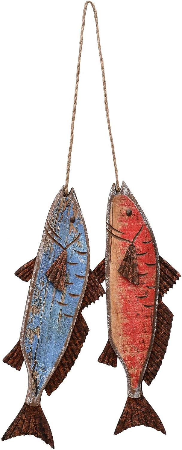 E-view Antique Wood Fish Der Derative Wooden Hanging Fish Nautical Indoor Outdoor Derations Wall Art Ornament (Set of 2)