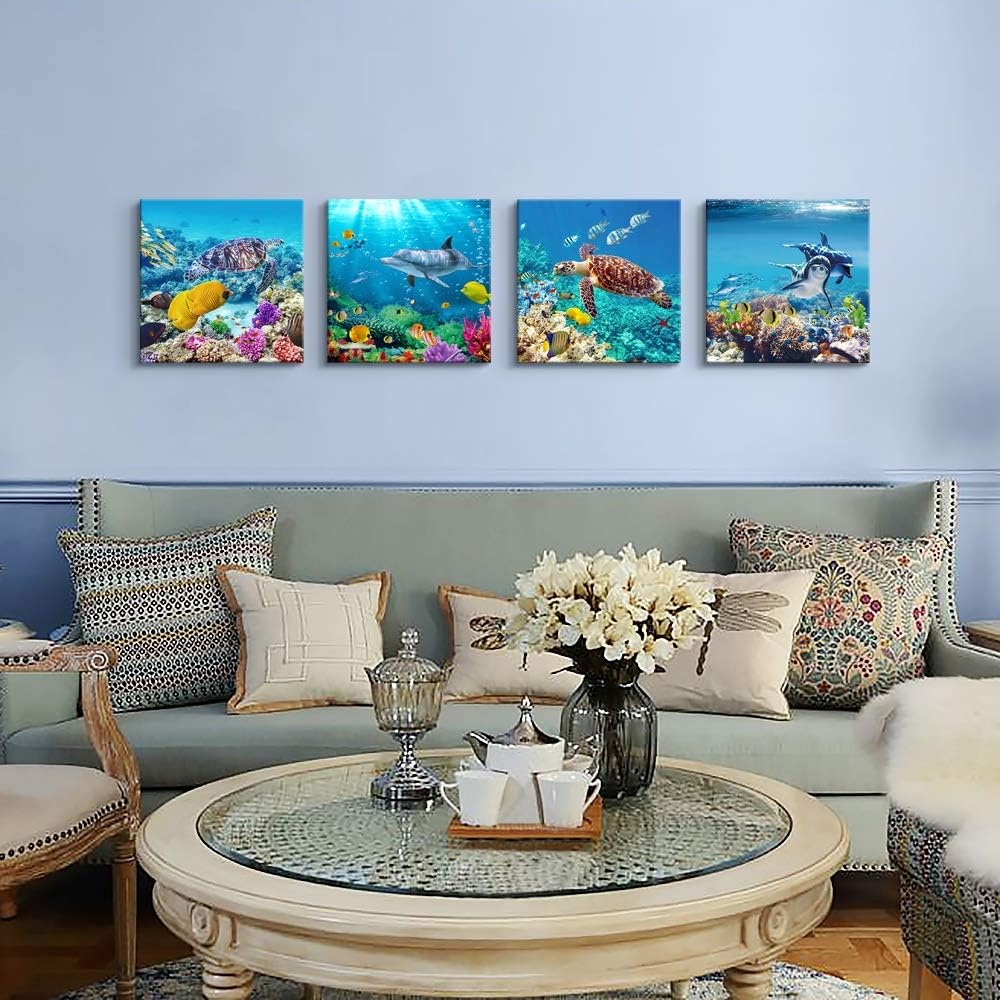 Canvas Wall Art for Living Room- family Bedroom Canvas Pictures Artwork Bathroom Wall Decor- 4 Panels Coral and Sea Fish and - Image 48