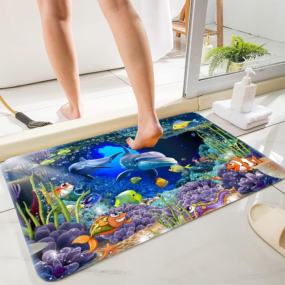 Underwater World Dolphin Print 17MM Thick Memory Foam Bathroom Carpet and Door Mat Non-Slip Absorbent Super Bath Mats