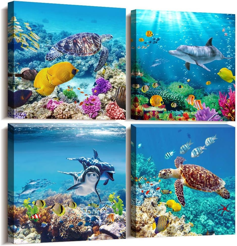 Canvas Wall Art for Living Room- family Bedroom Canvas Pictures Artwork Bathroom Wall Decor- 4 Panels Coral and Sea Fish and - Image 21
