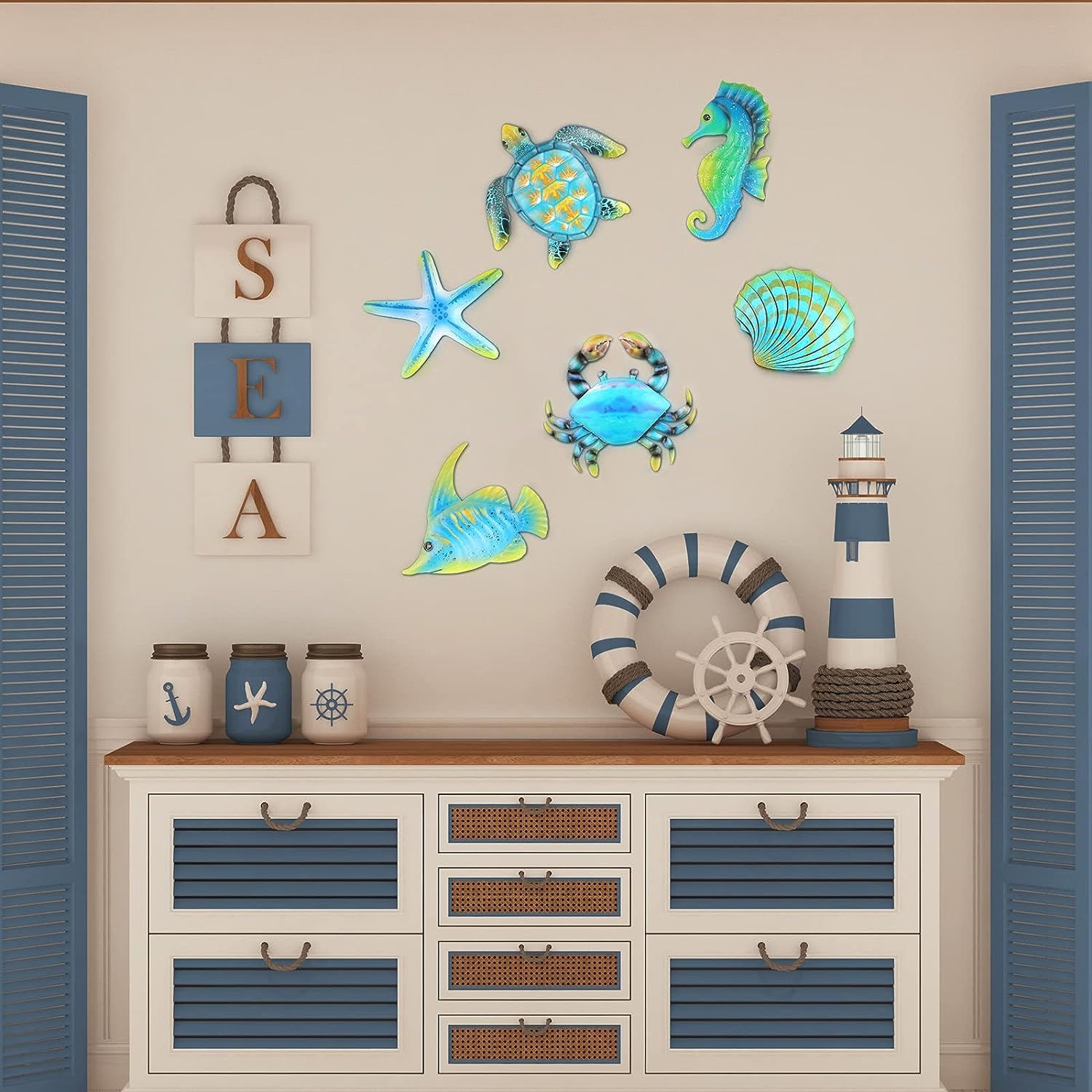 Lounsweer 6 Pieces Metal Ocean Wall Sculptures Outdoor Metal Sea Turtle Fish Crab Starfish Seahorse and Seashells Wall Art - Image 4