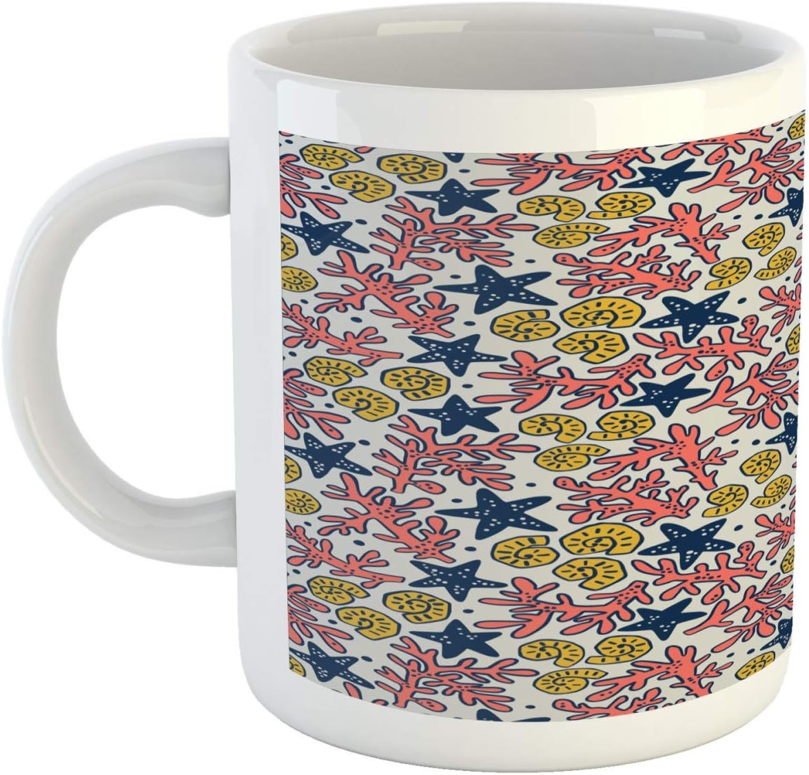 Ganiokar Underwater Mug, Coral Reef Shells Doodle Marine Cockleshell Starfish on Pale Grey, Ceramic Coffee Mug Cup for Water Tea - Image 3