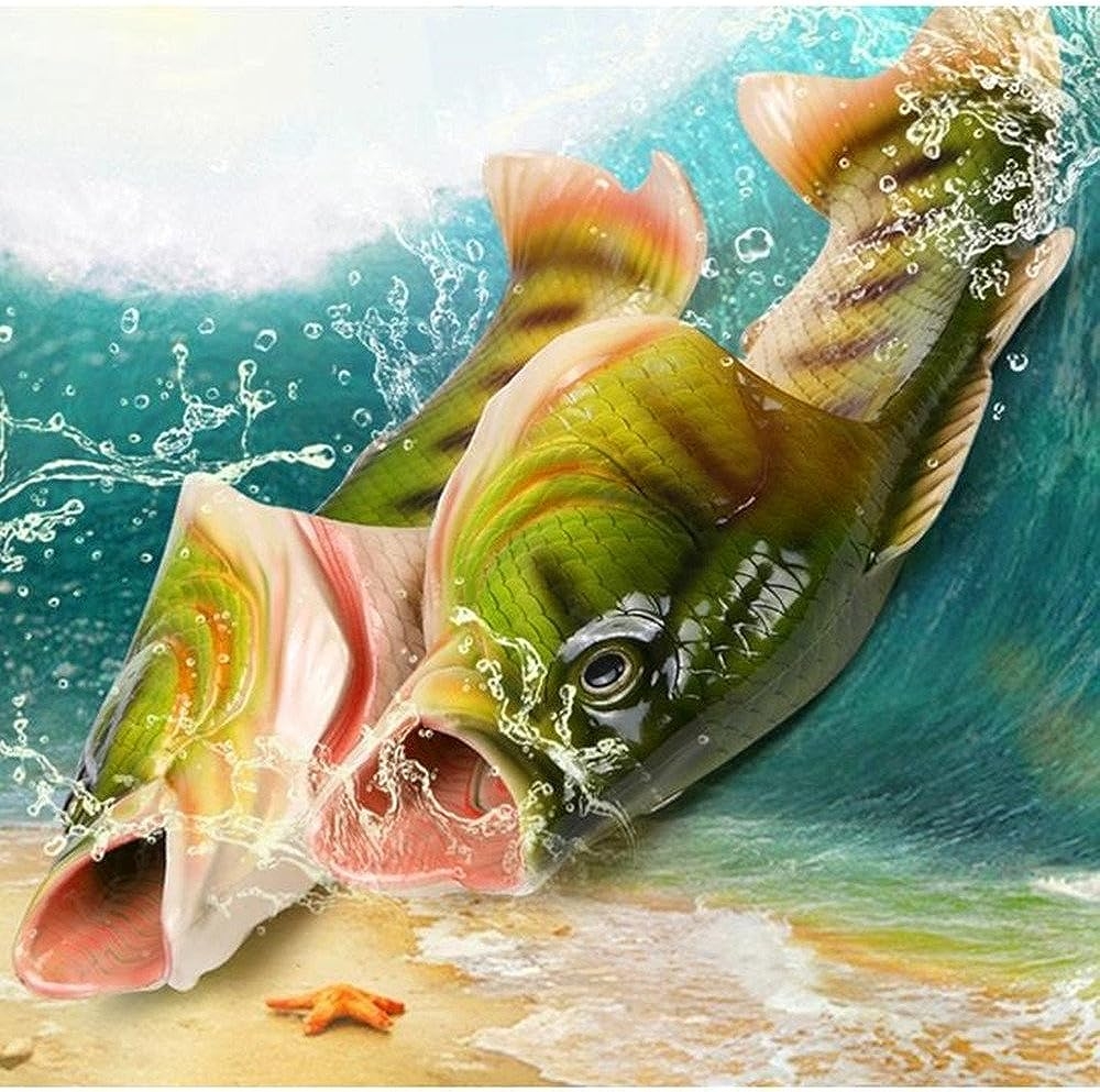 BING RUI CO Fish Slippers Beach Shoes Non-Slip Sandals Creative Bass Slippers Men and Women(Yellow + red, 8.5-9.5 Wide Women/7-8 - Image 4