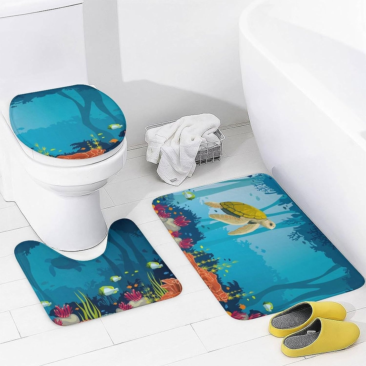 JAIDEN BEATA Coral Reef Jellyfish Dophin Ocean Shower Curtain Set with Coral Velvet Bathroom Rugs Toilet Lid Cover U Shaped - Image 40