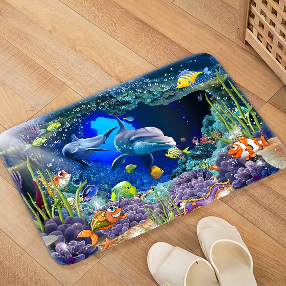 Underwater World Dolphin Print 17MM Thick Memory Foam Bathroom Carpet and Door Mat Non-Slip Absorbent Super Bath Mats - Image 4