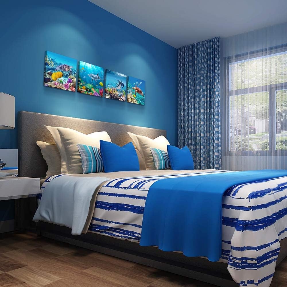 Canvas Wall Art for Living Room- family Bedroom Canvas Pictures Artwork Bathroom Wall Decor- 4 Panels Coral and Sea Fish and - Image 26