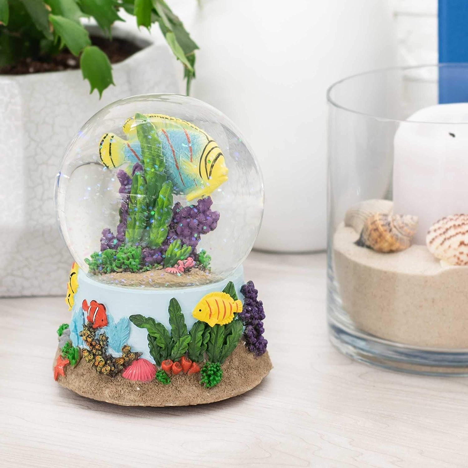 Elanze Designs Sandbar Tropical Fish 100MM Water Globe Plays Tune by The Beautiful Sea