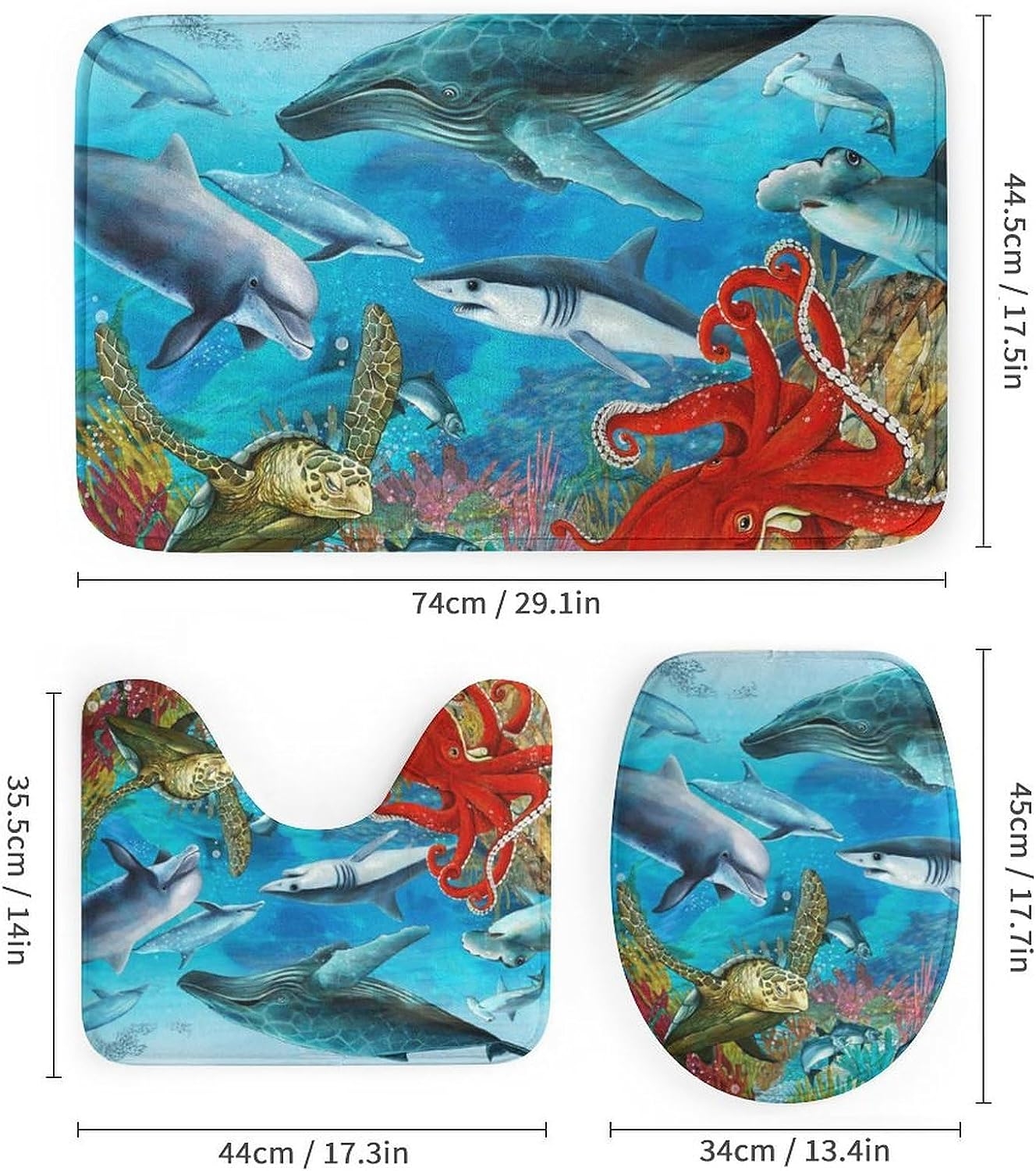 JAIDEN BEATA Coral Reef Jellyfish Dophin Ocean Shower Curtain Set with Coral Velvet Bathroom Rugs Toilet Lid Cover U Shaped - Image 6