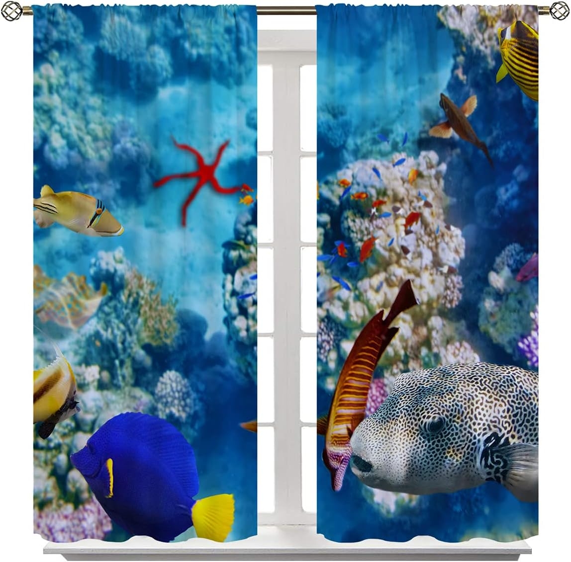 UUZ Ocean Fish Blackout Curtains for Boy Home Decor, Sea Coral Tropical Fish Sea Turtle Rod Pocket Thermal Insulated Drapes