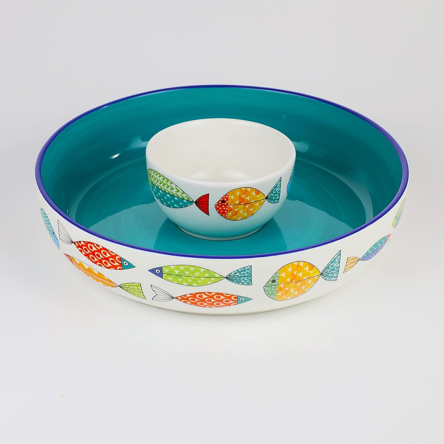Euro Ceramica FreshCatch Collection Chip and Dip Serving Set (2 Bowls) - Indoor/Outdoor Use - Colorful Cute Fish Pattern on - Image 3
