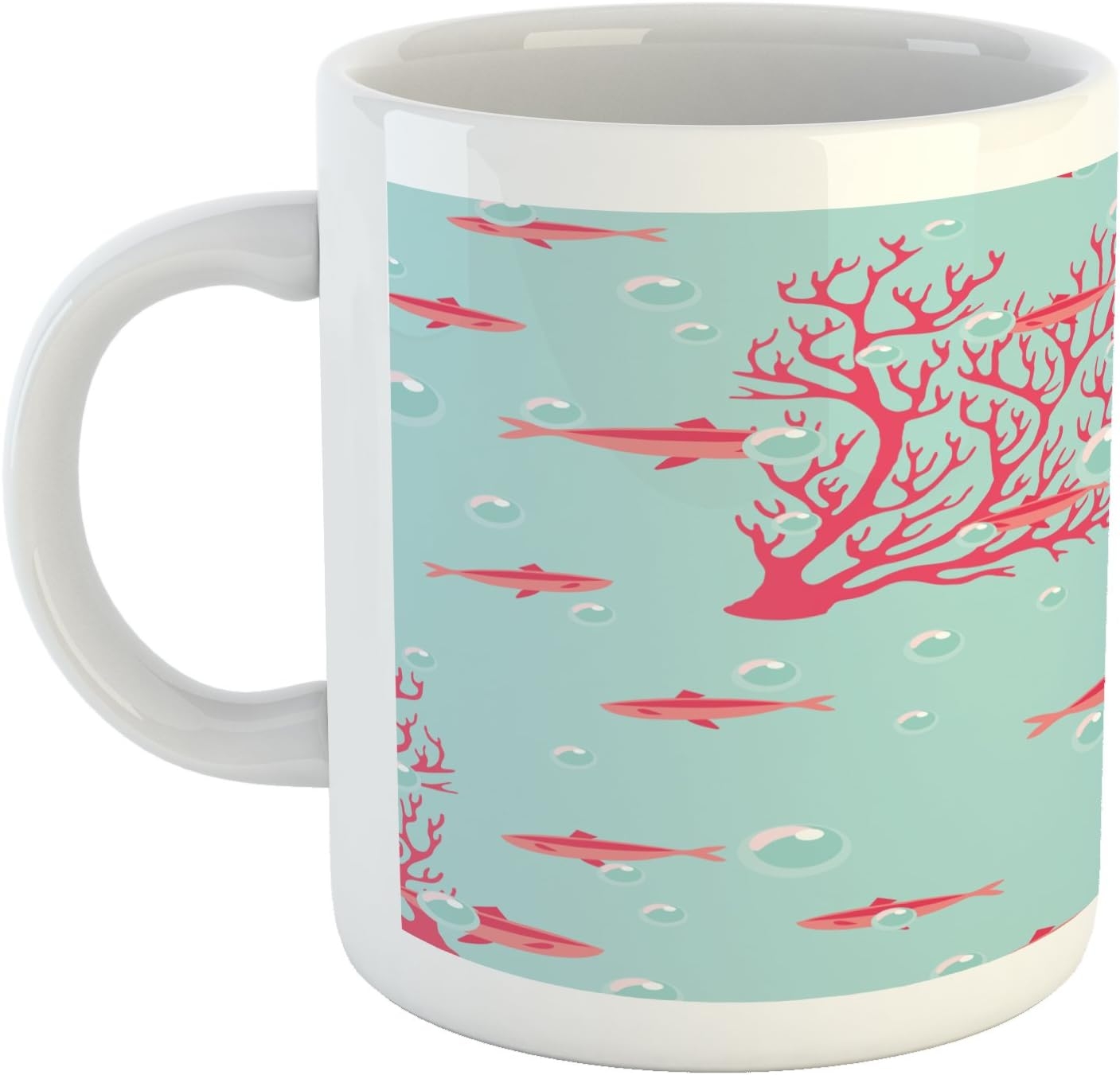 Ambesonne Coral Mug, Aquatic Pattern with Little Fishes and Coral Reef Bubbles Water, Ceramic Coffee Mug Cup for Water Tea - Image 3