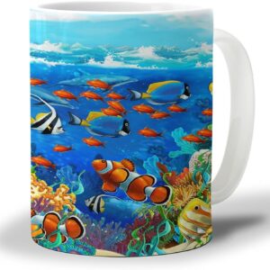 Coffee Mug, Colorful Cartoon Sea World Hot Chocolate Cocoa Ceramic Mugs Tea Cup for Office/Home, Coral Reef Fish Shark