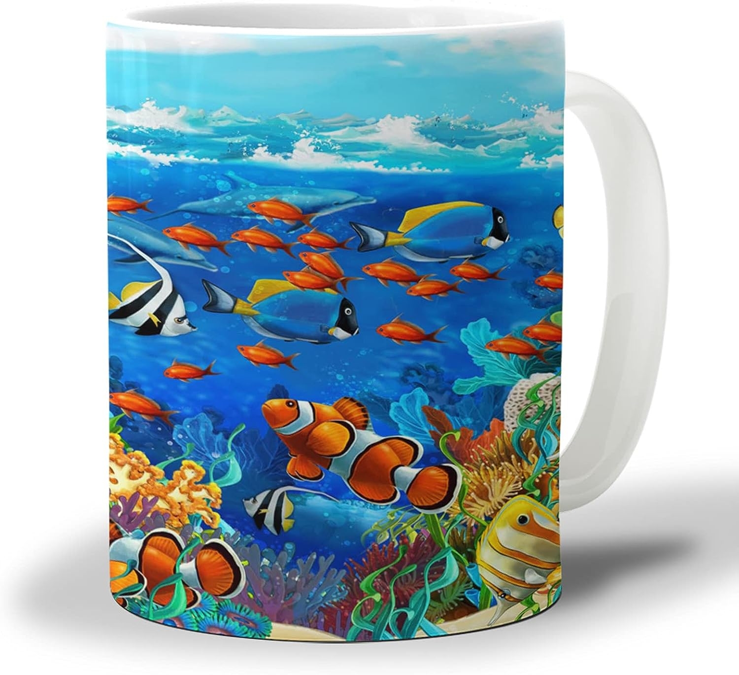Coffee Mug, Colorful Cartoon Sea World Hot Chocolate Cocoa Ceramic Mugs Tea Cup for Office/Home, Coral Reef Fish Shark