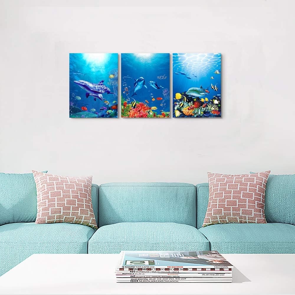 blue ocean fish 3 Pieces Framed Wall Art for Living Room Bathroom Wall Decoration Canvas Print Children's Bedroom Wall decor - Image 44