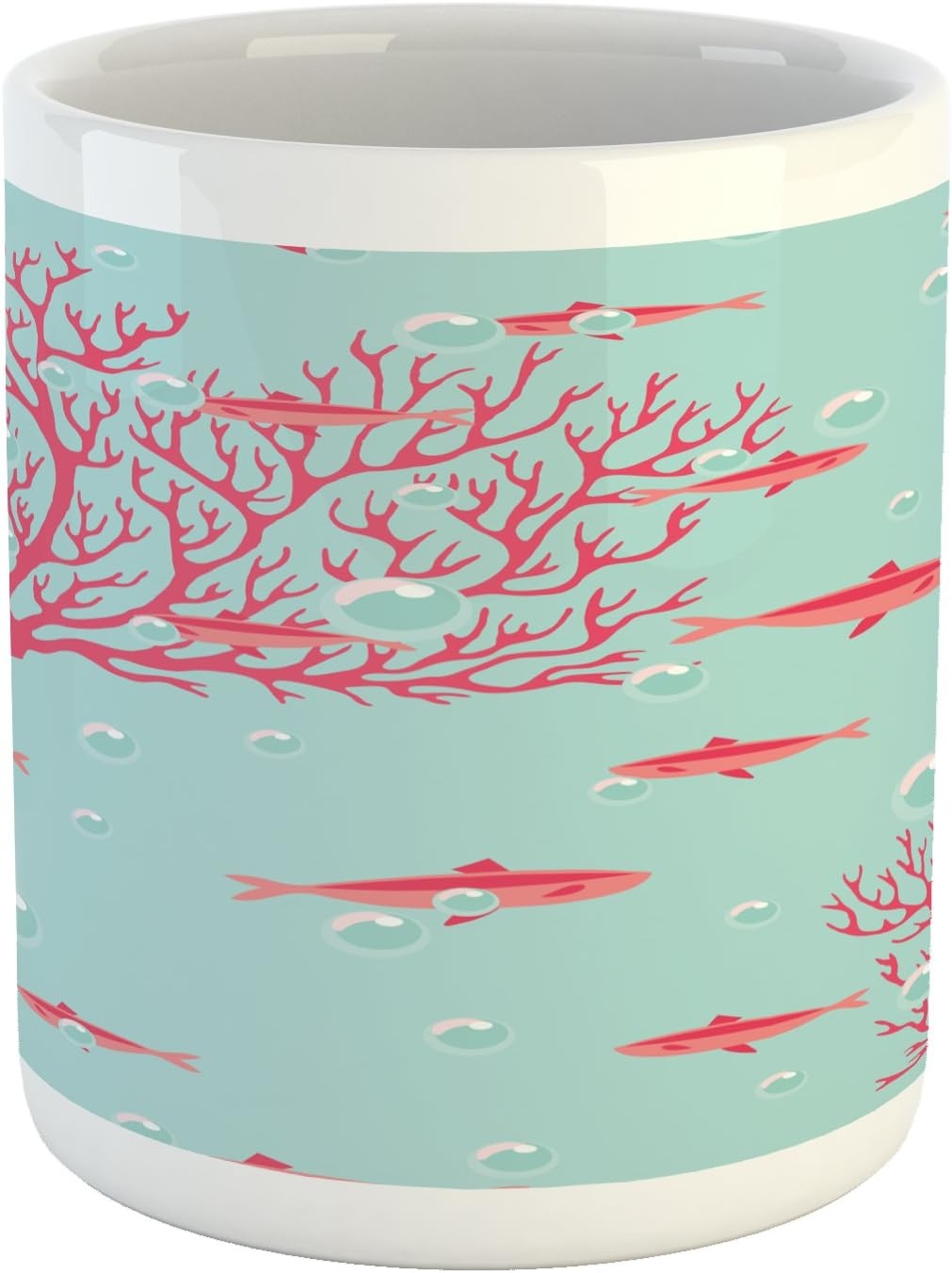 Ambesonne Coral Mug, Aquatic Pattern with Little Fishes and Coral Reef Bubbles Water, Ceramic Coffee Mug Cup for Water Tea