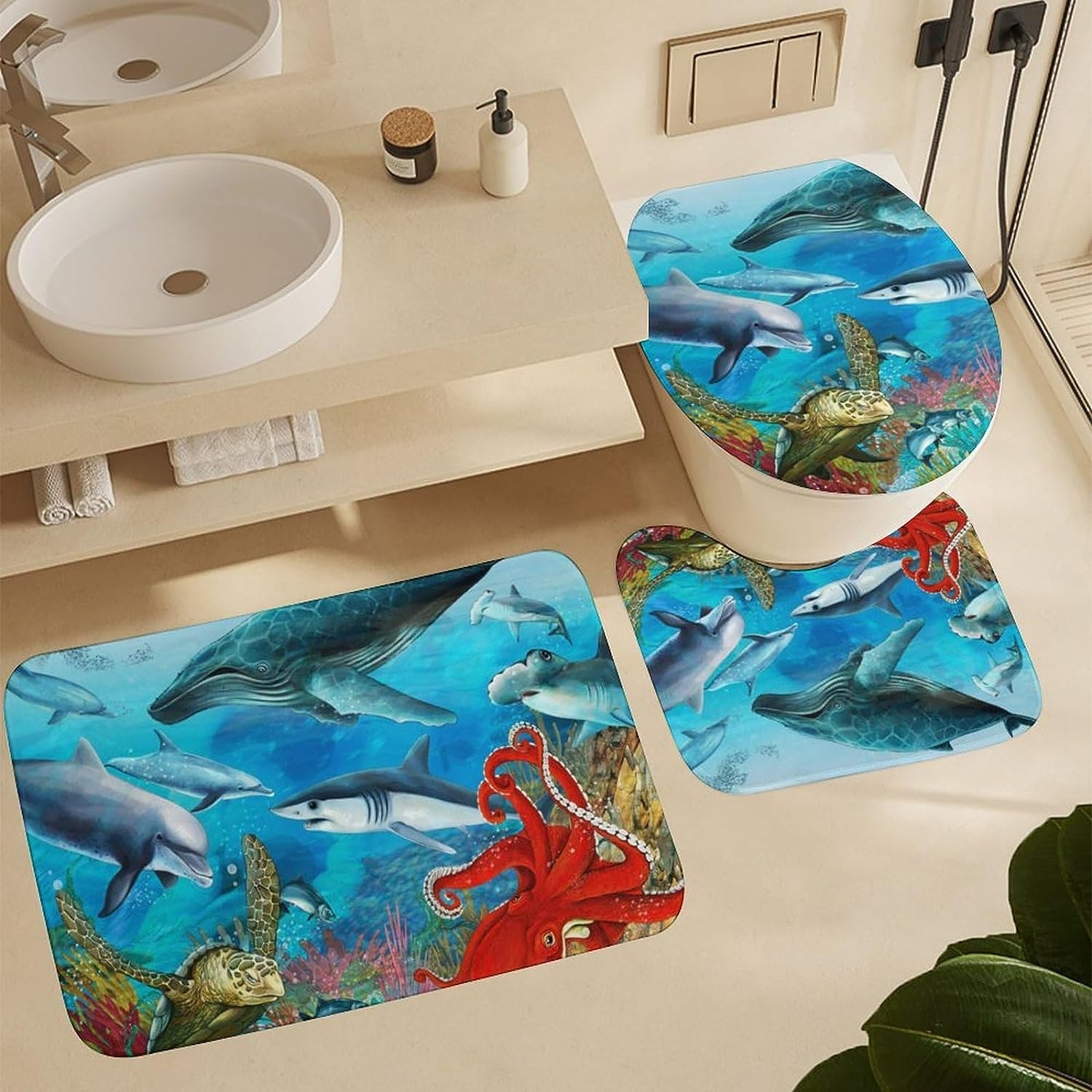 JAIDEN BEATA Coral Reef Jellyfish Dophin Ocean Shower Curtain Set with Coral Velvet Bathroom Rugs Toilet Lid Cover U Shaped - Image 4