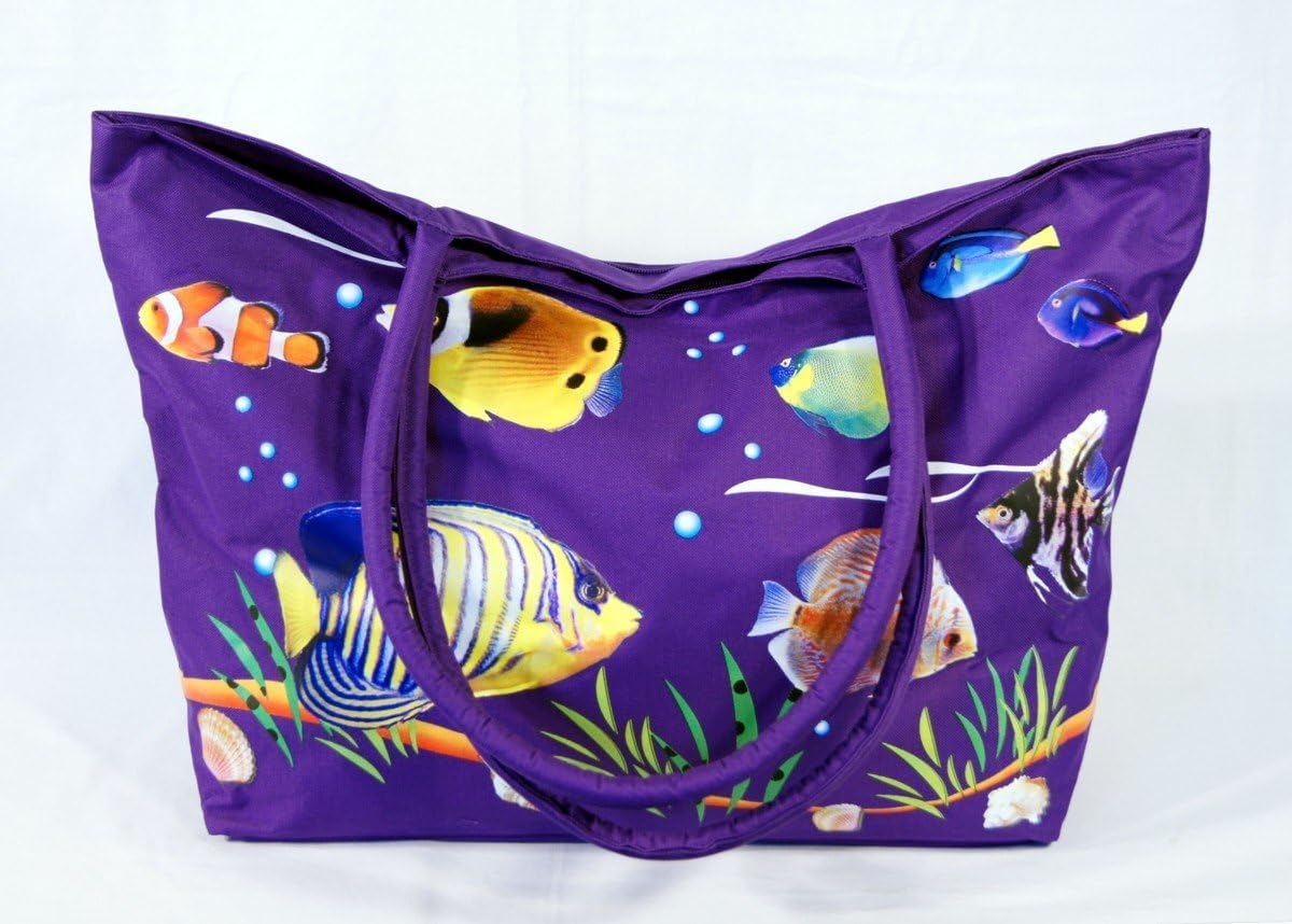 Waterproof Jumbo Purple Canvas Beach Bag Tropical Fish Design Zipper Closure 24 x 15 x 6″