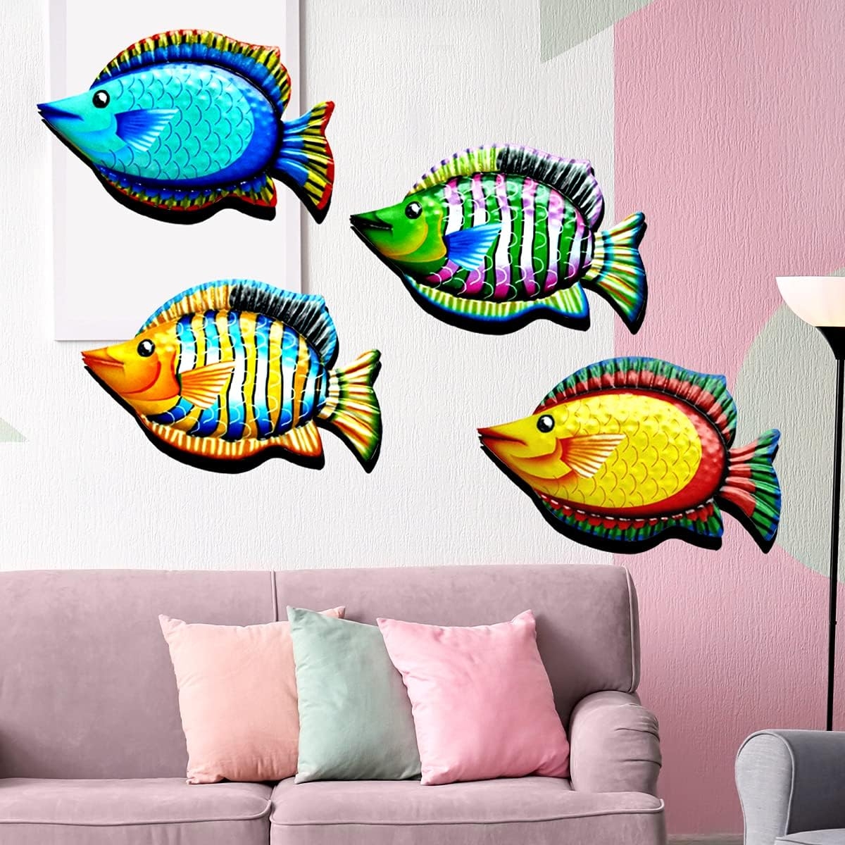 HHgrowe 11.8 Inches Hand-Painted Metal Fish Art Wall Decor Coastal Ocean Sea Hanging Decorations Garden Pool Decor Set of 4 - Image 7