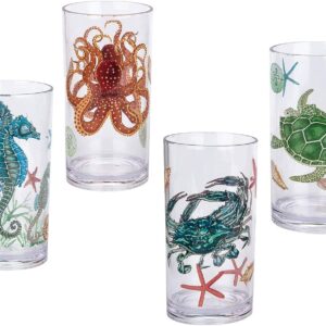 KX-WARE Sea Ocean Life 20-ounce Plastic Tumbler Drinking Glasses Mixed Drinkware Sets, set of 4